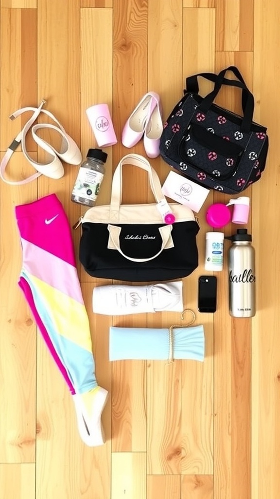 Flat lay of dance gifts including ballet shoes, leggings, dance bag, and water bottle on a wooden dance studio floor.